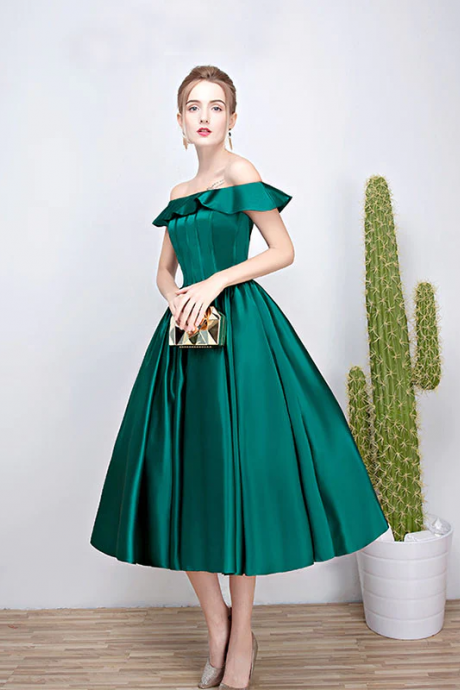 Green Satin Off Shoulder Tea Length Party Dress, Green Bridesmaid Dresses
