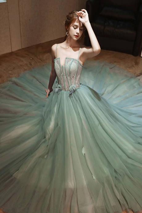 Light Blue Lace And Tulle Long Prom Dress, A-line Floor Length Formal Dress