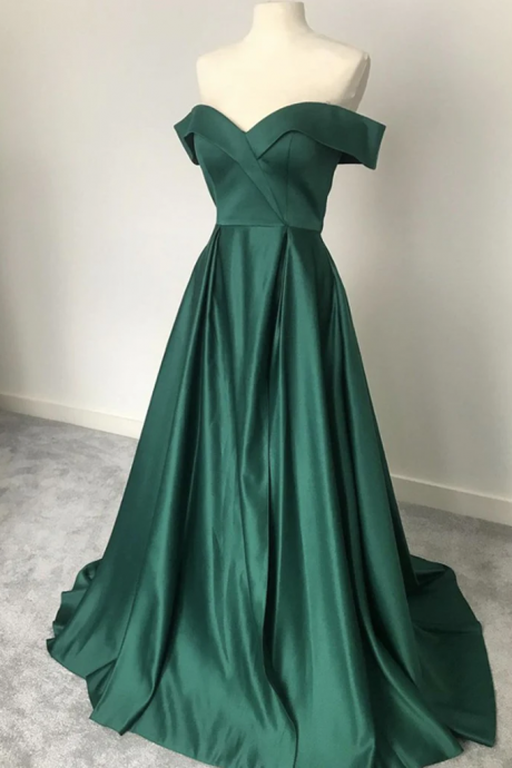 Green Satin Long Prom Dresses, Off Shoulder Emerald Green Long Formal Evening Dresses