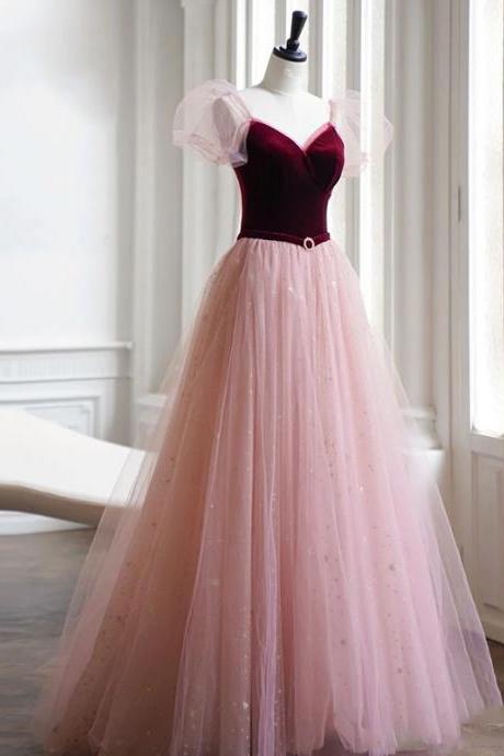 Pink Tulle and Velvet Short Sleeves Party Dress, Puffy Sleeves Prom Dress