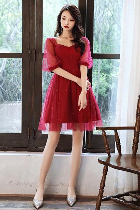 Wine Red Tulle Short Sleeves Prom Dress Homecoming Dress, Dark Red Evening Dress