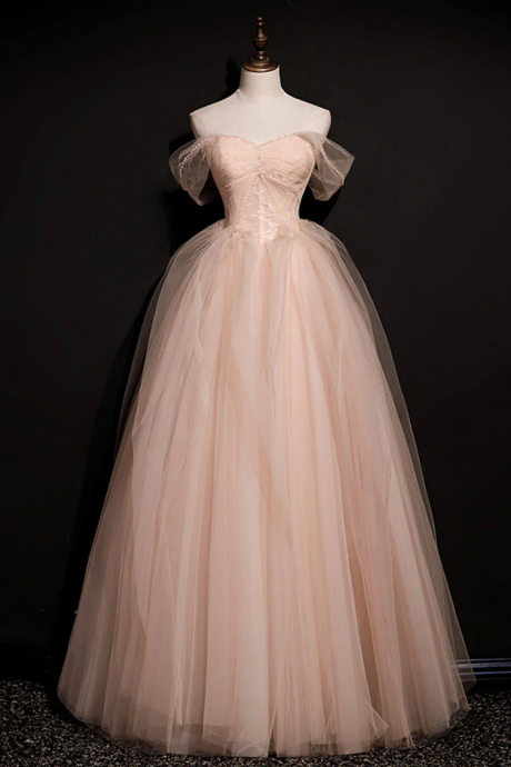 Pink Off Shoulder Tulle Long Party Dress Prom Dress, Pink Pricess Gown