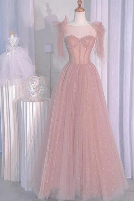 Pink Shiny Tulle Long Formal Dress with Bow, Cute Prom Party Gown