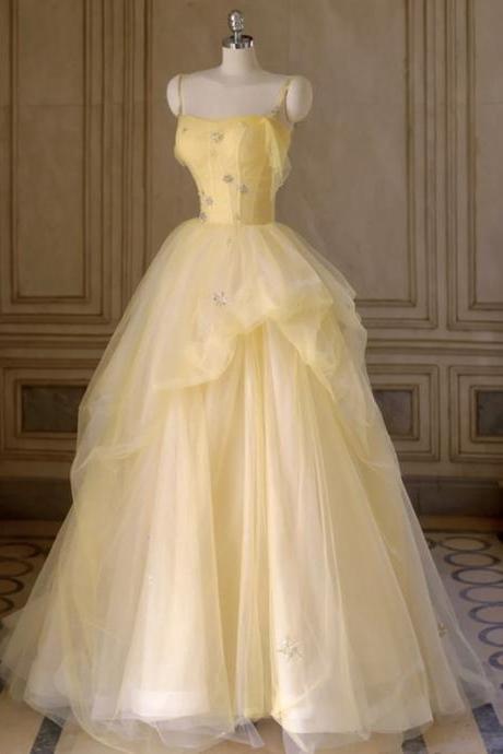 Beautiful Light Yellow Tulle Long Party Dress, Yellow Tulle Prom Dress