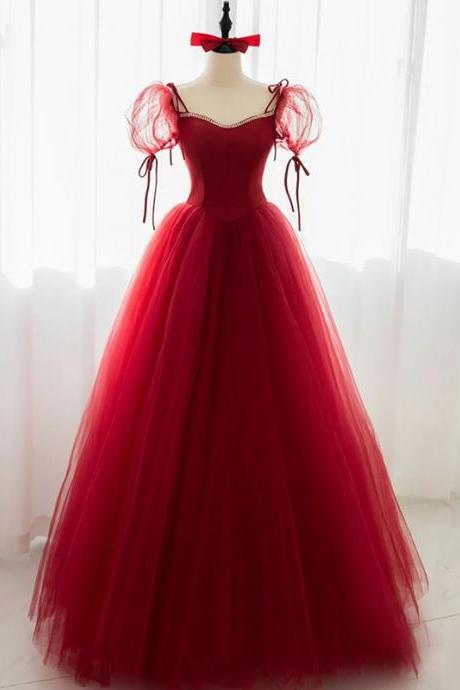 Red Tulle Beaded Long Sweetheart Prom Dress, Wine Red Long Evening Dress