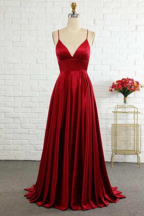 Wine Red V-neck Spaghetti-straps Satin Long Prom Dress, Long Evening Dress
