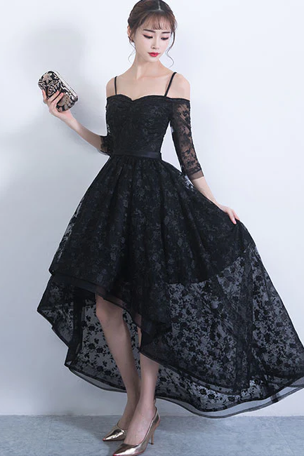 Black Lace High Low Party Dress, Black Homecoming Dress, Black Formal Dress