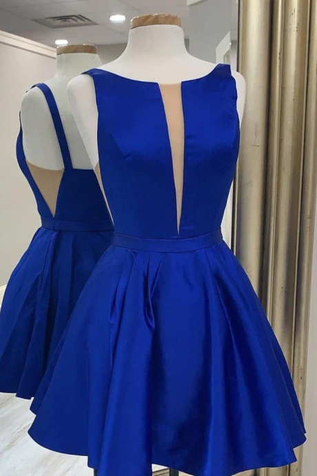 Blue Satin Short Homecoming Dress, Royal Blue Satin Party Dress