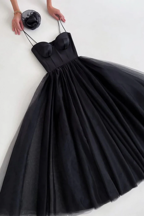 Black Tea Length Prom Dresses, Tea Length Little Black Formal Homecoming Dresses