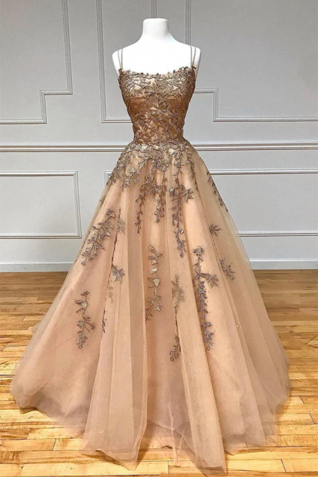 Champagne Lace Tulle Long Prom Dress, Champagne Lace Formal Evening Dress, Champagne Ball Gown