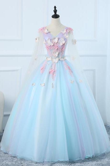 Light Blue Tulle Flowers And Lace Long Sweet 16 Dress, Blue Evening Dress