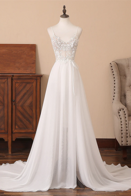 Ivory Chiffon and Lace Long Party Dress Prom Dress with Slit, A-line Long Formal Gown 