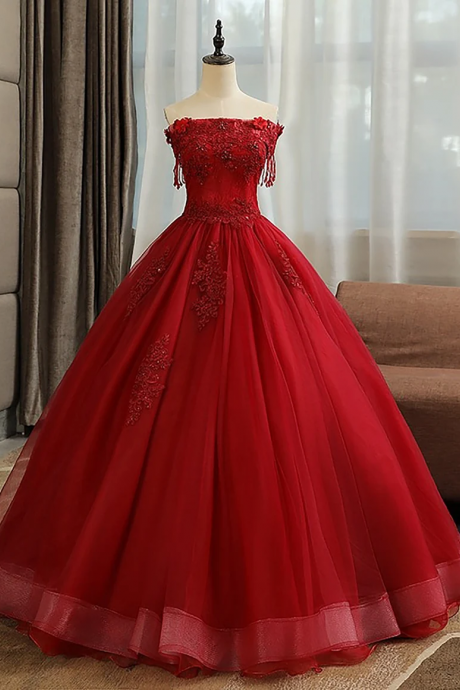 Red Sweetheart Long Off Shoulder Tulle Party Dress, Red Formal Gown 