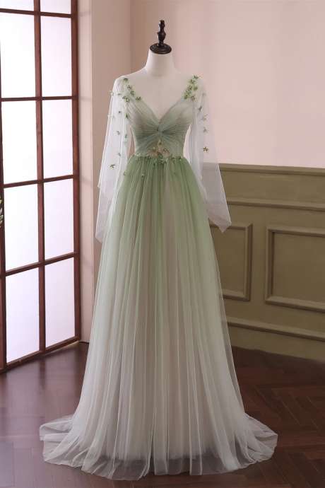 Light Green Gradient Tulle Beaded Long Evening Gown, Green Floor Length Formal Dress