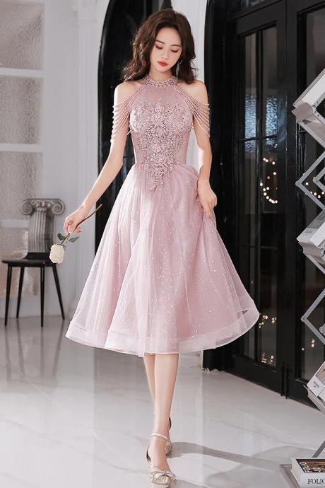 Pink High Neckline Tulle Homecoming Dress,Pink Short Prom Dress