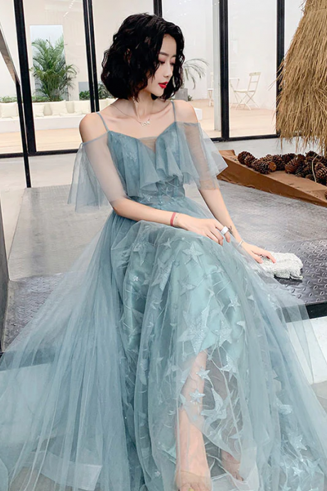 Cute Green Tulle Off Shoulder Long Straps Party Dress, Green Formal Dresses 