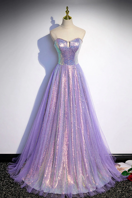 Lovely Purple Tulle and Sequins Long Sweetheart Formal Dress, Tulle Evening Dresses 