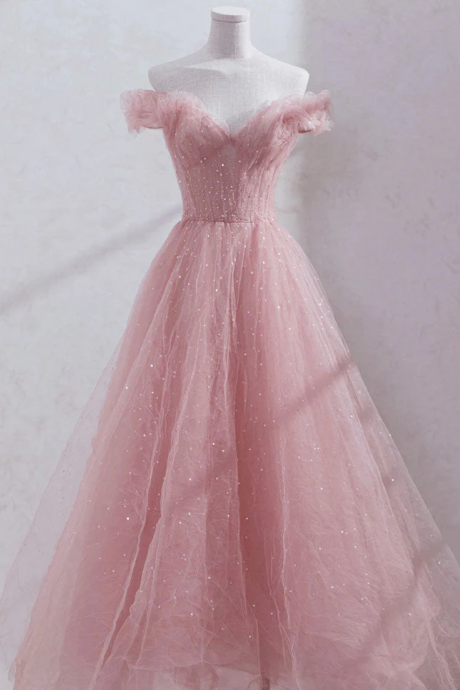 Cute Pink Tulle Sequins Long Off Shoulder Party Dress, Pink Formal Dresses