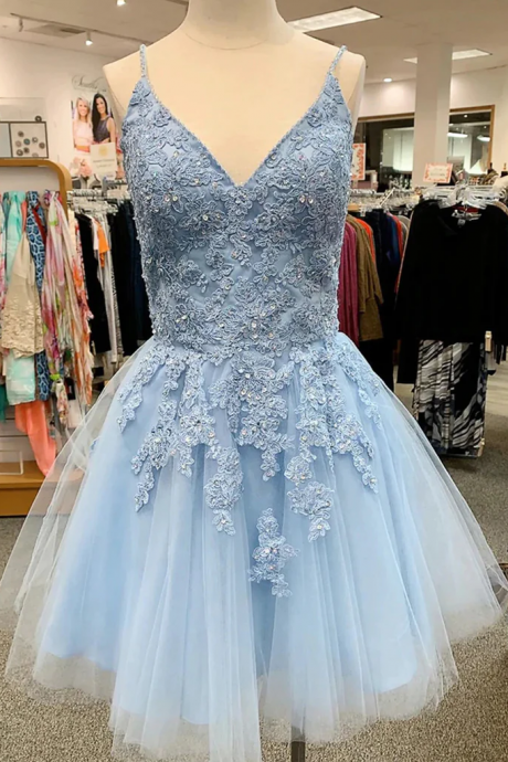 Lovely Blue Tulle V-neckline Beaded Lace Party Dress, Blue Homecoming Dress Party Dress