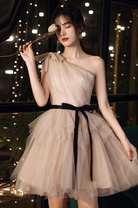 Lovely One Shoulder Champagne Tulle Homecoming Dress, Short Party Dress