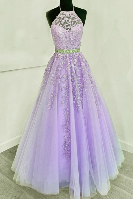 Lavender Tulle with Lace High Neckline Long Party Dress, Lavender Prom Dress