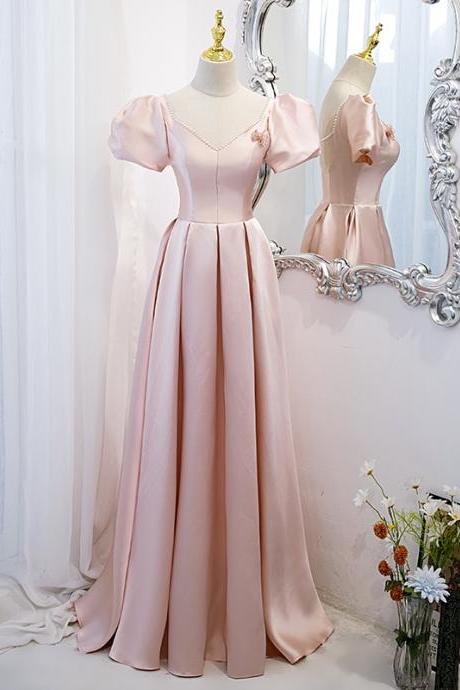 Pink Satin Short Sleeves Long Party Dress, Pink Long Prom Dress 