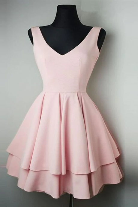 V Neck Pink Homecoming Dresses Short Prom Dresses Online, Cute Pink Graduation Dresses, Formal Dresses