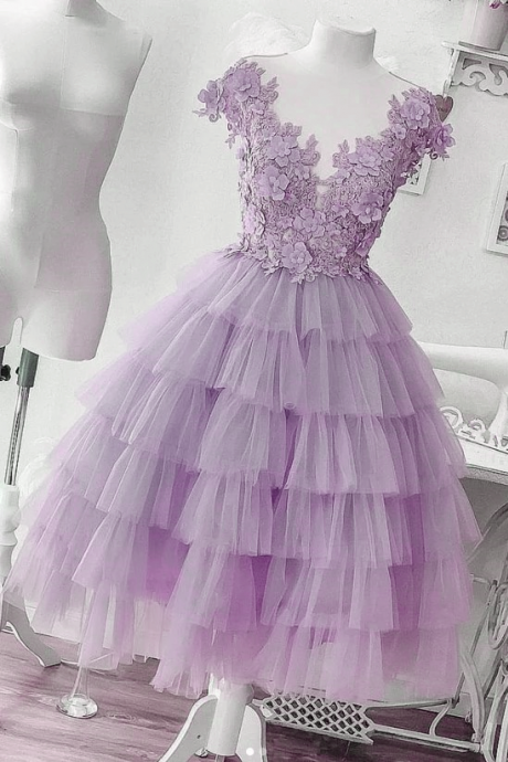 Lavener Layers Tulle With Lace Short Party Dress, Cute Formal Dress