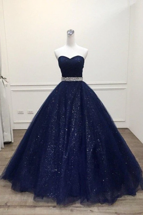 Shiny Tulle Long Sweetheart Beaded Evening Dress, Blue Tulle Formal Dress