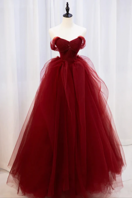 Wine Red Tulle Sweetheart Off Shoulder Long Beaded Prom Dress, Dark Red Long Formal Dresses