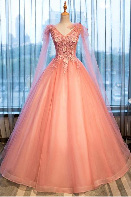 Pink Tulle Lace Long Formal Gown, Pink Sweet 16 Prom Dress Party Dress