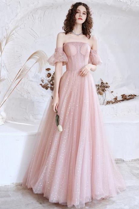 Pink Tulle Long Formal Party Dress, Off Shoulder Pink Evening Dresses