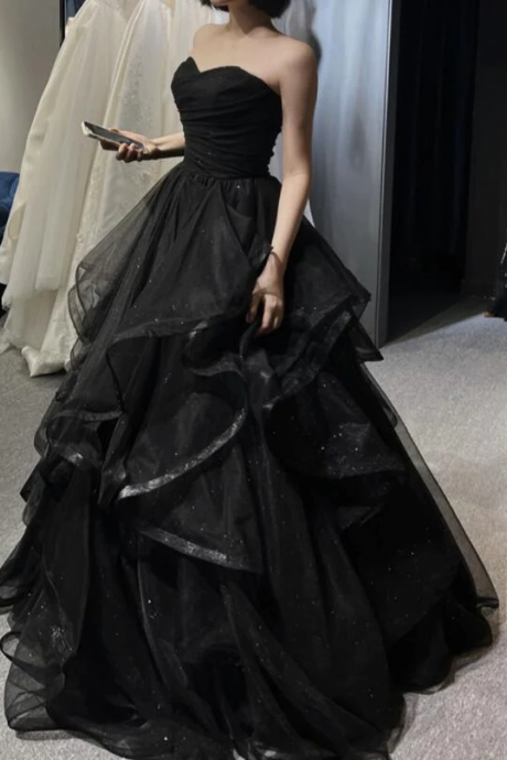 Black Sweetheart Long Tulle Shiny Prom Party Dress, Black Evening Gown