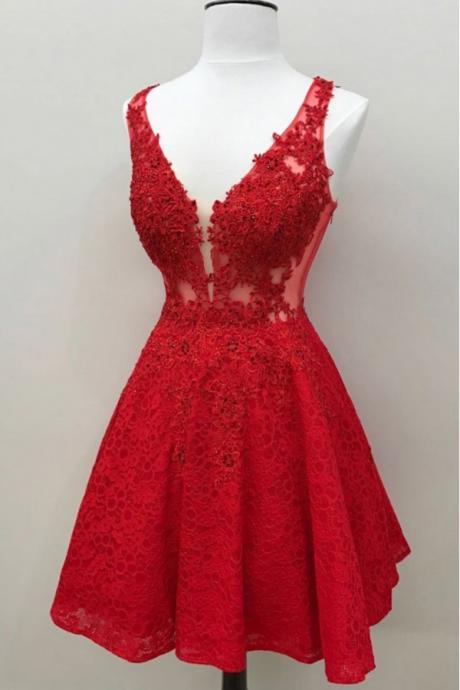 Red Lace V-neckline With Lace Applique Short Party Dress, Red Formal Dresses Homecoming Dress