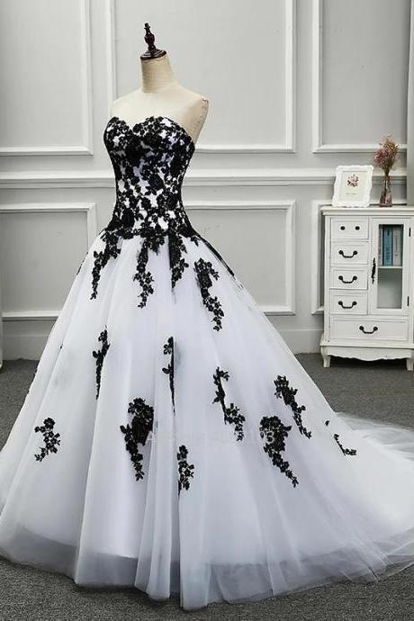 White Black Elegant Tulle with Lace Party Dresses, Appliqued Sweetheart Formal Dresses