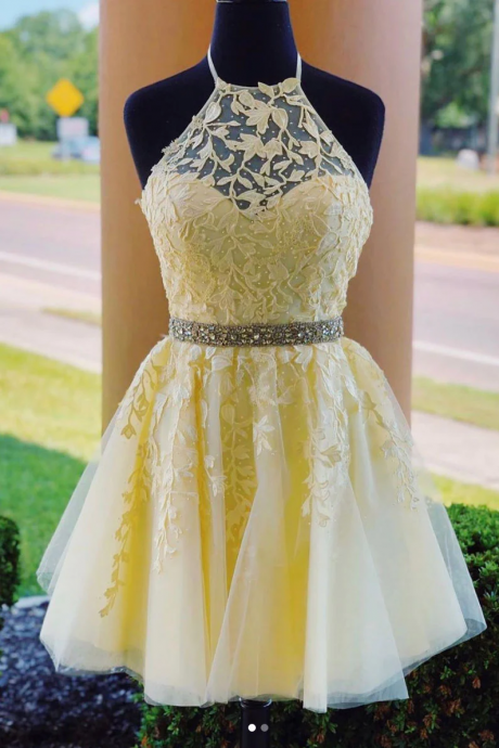 Yellow Tulle Short Halter Lace Beaded Homecoming Dress, Yellow Party Dress