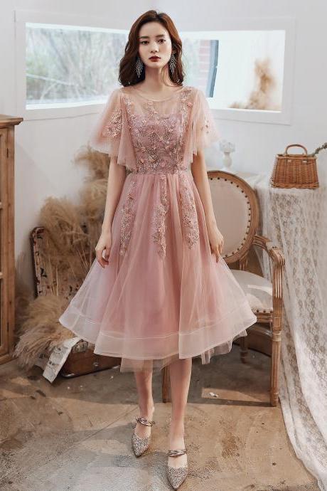 Pink Tulle Party Dress With Lace, Pink Short Formal Dresses