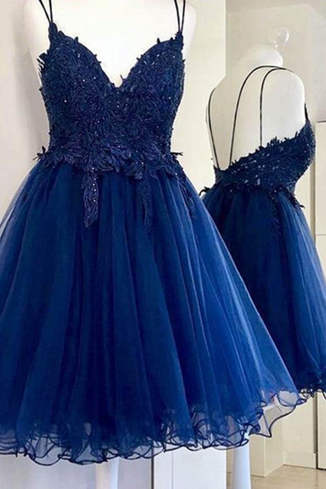 Blue V Neck Short Prom Dress With Beads Appliques,Blue Homecoming Dress