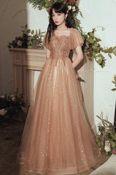Light Champagne Tulle Short Sleeves Party Dress, A-line Long Evening Gowns