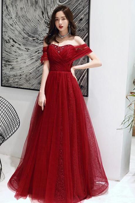 Burgundy Tulle Beaded Sweeetheart Long Evening Gown, Dark Red Prom Dress