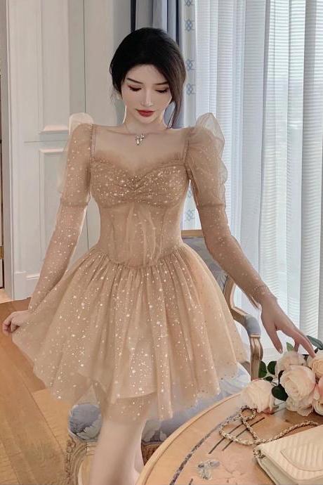 Champagne Tulle Short Homecoming Dress, Tulle Short Prom Dress