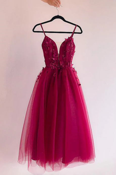 Burgundy Prom Dresses with Lace Appliques, Burgundy Lace Homecoming Dresses