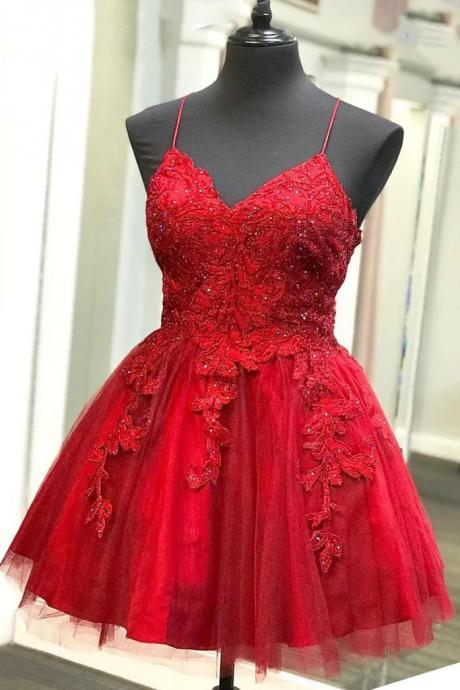Red Tulle V-neckline Straps Short Party Dress with Lace, Wine Red Prom Dresses 