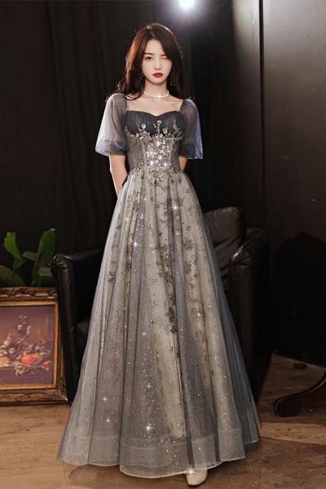 Shiny Tulle Grey Short Sleeves Long Party Dress Formal Dress, A-line Tulle Evening Dress
