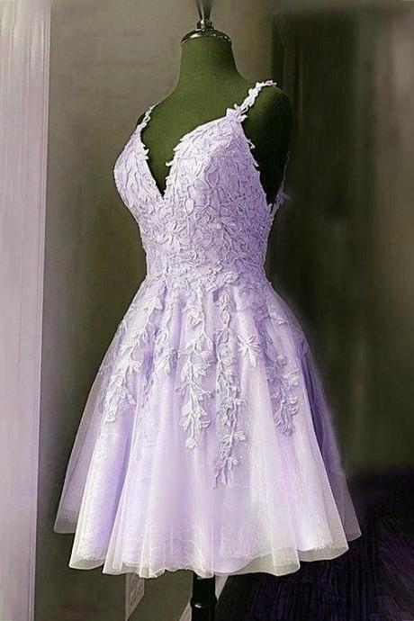 Light Purple Tulle Short Straps Party Dress Homecoming Dress, Tulle Short Prom Dress