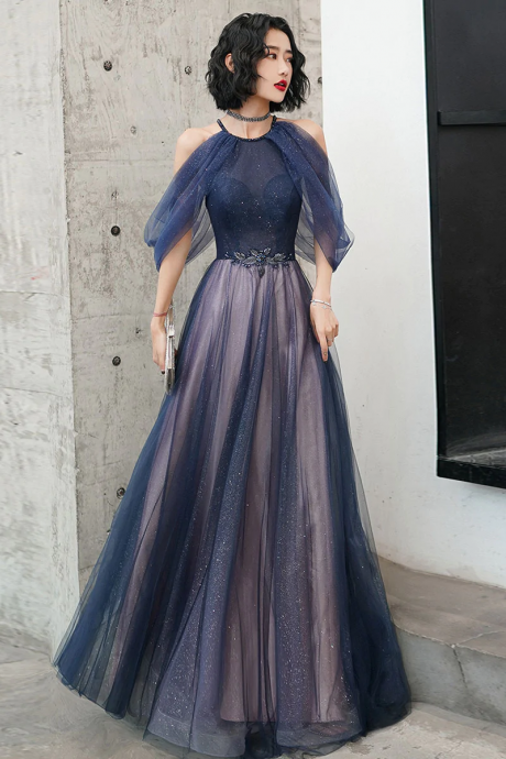 Elegant High Neckline Tulle Long Formal Dress, A-line Tulle Prom Dress
