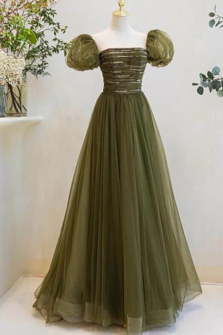 A-line Green Short Sleeves Tulle Sequins Long Junior Prom Dress, Green Party Dresses