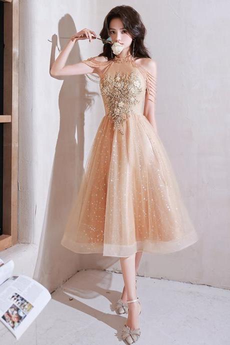 Cute Champagne Halter Tea Length Shiny Tulle with Lace, A-line Short Prom Dress