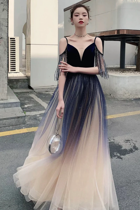 A-line Tulle Blue Gradient V-neckline Straps Prom Dress, Blue Tulle Formal Dress