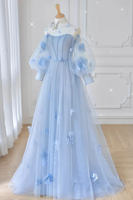Light Blue Tulle Long Sleeves With Flowers Prom Dresses, A-line Tulle Evevning Gown
